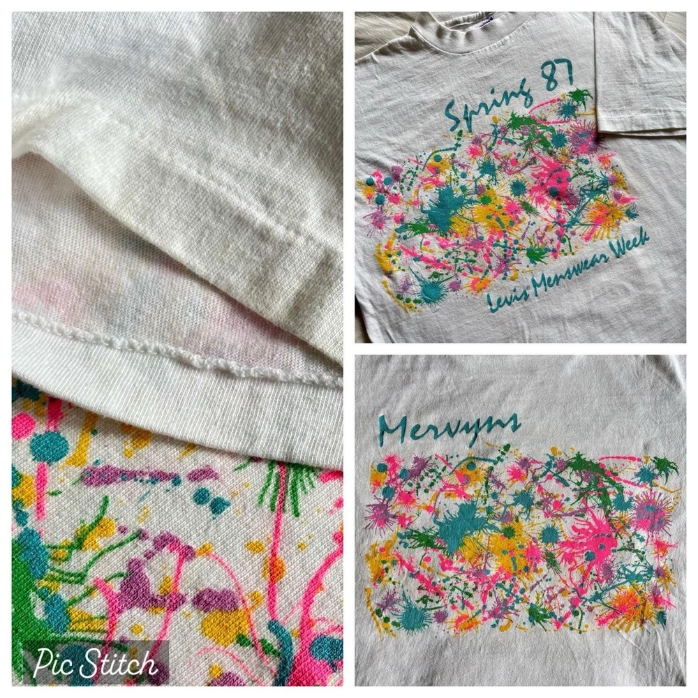 Vtg 1987 Levis Menswear Week Tshirt Mervyns Promo Neon Splatter Single Stitch XL